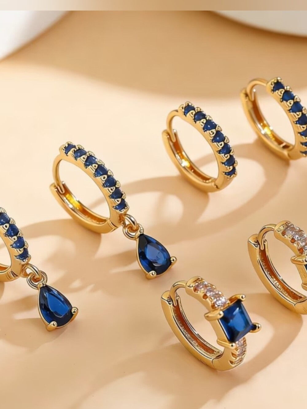 New Gold-Plated Blue Sapphire Huggie Hoop Earrings with Teardrop Charm